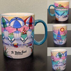Fort Ft. Walton Beach, FLORIDA Souvenir Ceramic Mug ~ Seagulls Beach Umbrellas